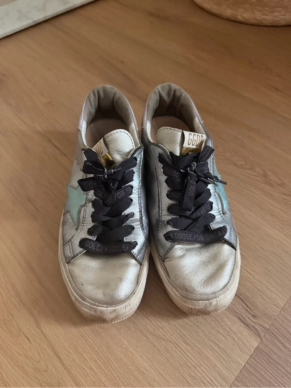 Golden Goose Metallic Silver Sneakers with Mint Green Star and Black Laces